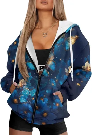 Biyejit Womens Zip Up Hoodies Long Sleeve Fall Oversized Sweatshirts Y2K Jacket with Pockets
