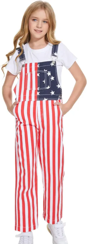 Boys American Overalls Adjustable Straps 4th of July Girls Romper Usa Flag Bibs 6-12 years kids Patriotic Jumpsuit