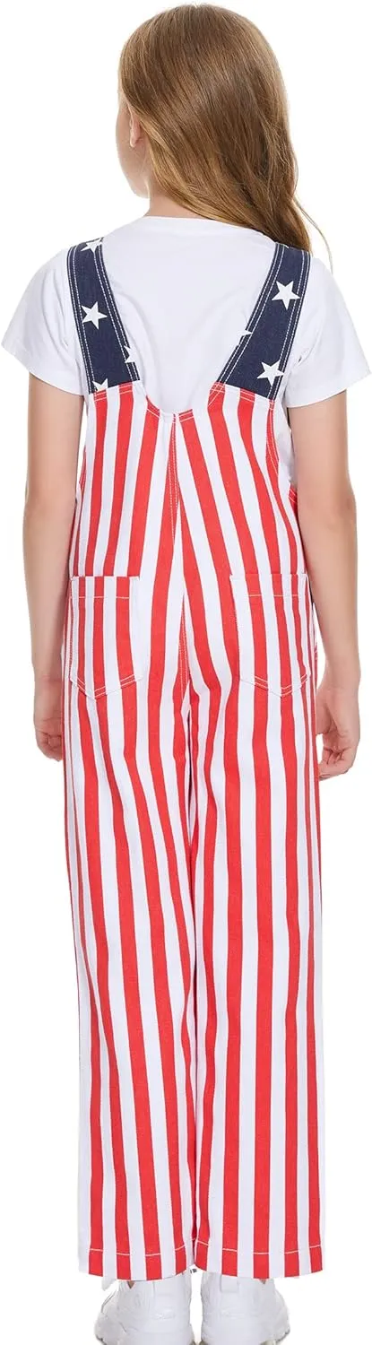 Boys American Overalls Adjustable Straps 4th of July Girls Romper Usa Flag Bibs 6-12 years kids Patriotic Jumpsuit