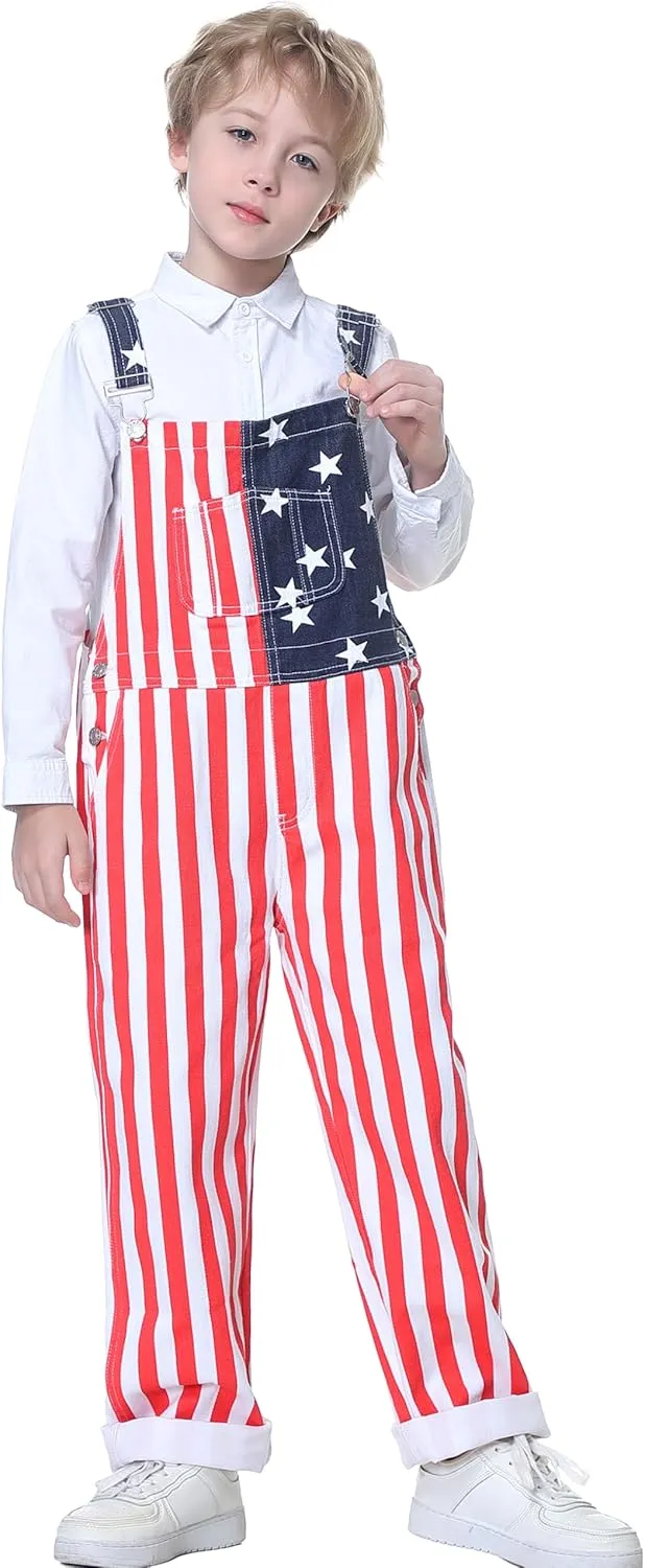 Boys American Overalls Adjustable Straps 4th of July Girls Romper Usa Flag Bibs 6-12 years kids Patriotic Jumpsuit