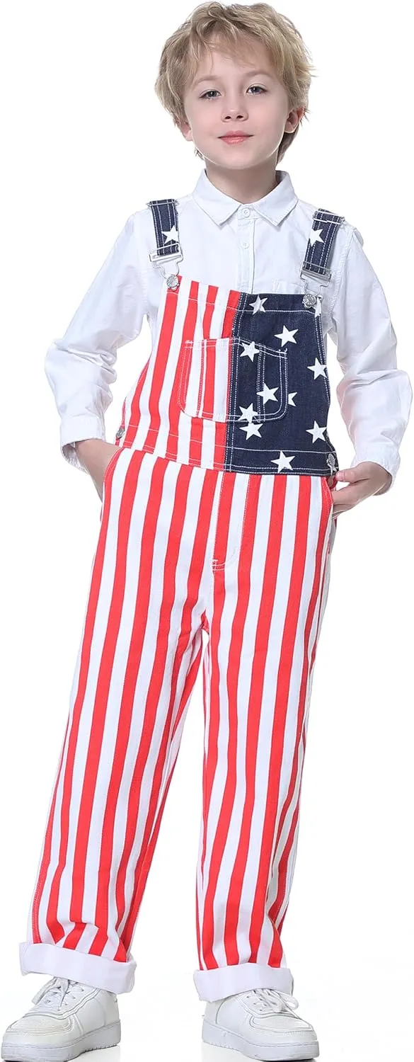 Boys American Overalls Adjustable Straps 4th of July Girls Romper Usa Flag Bibs 6-12 years kids Patriotic Jumpsuit