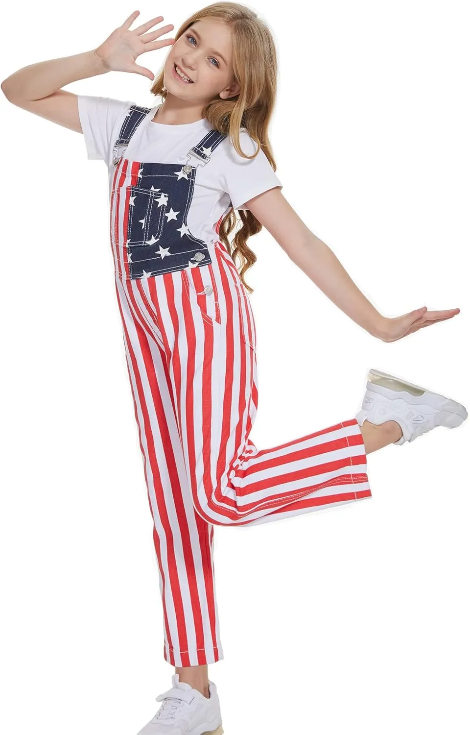Boys American Overalls Adjustable Straps 4th of July Girls Romper Usa Flag Bibs 6-12 years kids Patriotic Jumpsuit