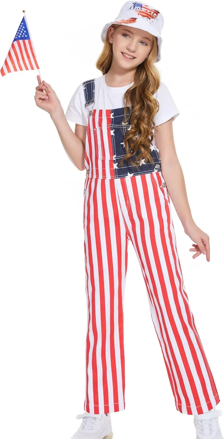 Boys American Overalls Adjustable Straps 4th of July Girls Romper Usa Flag Bibs 6-12 years kids Patriotic Jumpsuit