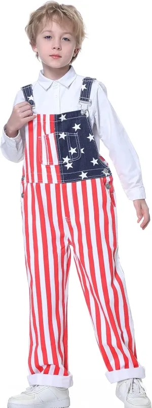Boys American Overalls Adjustable Straps 4th of July Girls Romper Usa Flag Bibs 6-12 years kids Patriotic Jumpsuit