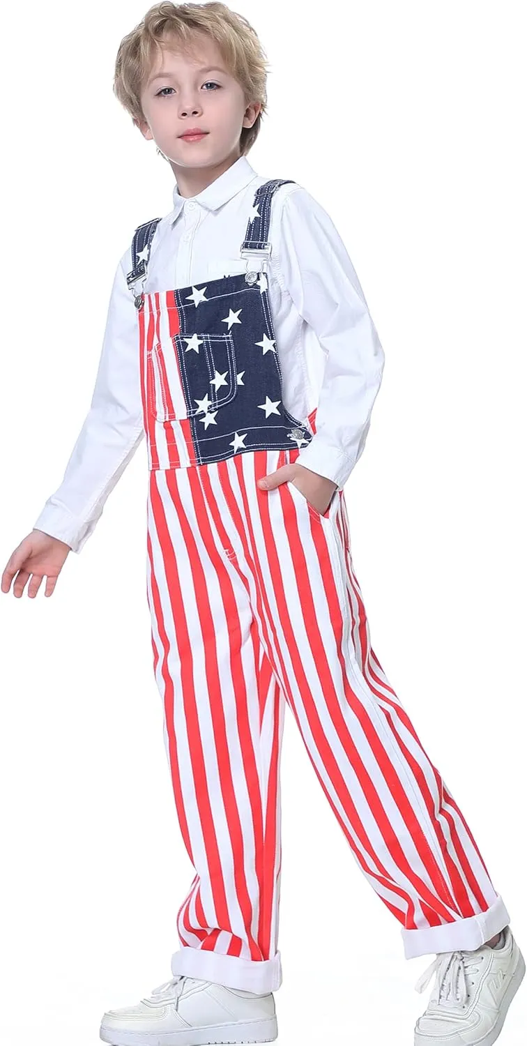 Boys American Overalls Adjustable Straps 4th of July Girls Romper Usa Flag Bibs 6-12 years kids Patriotic Jumpsuit