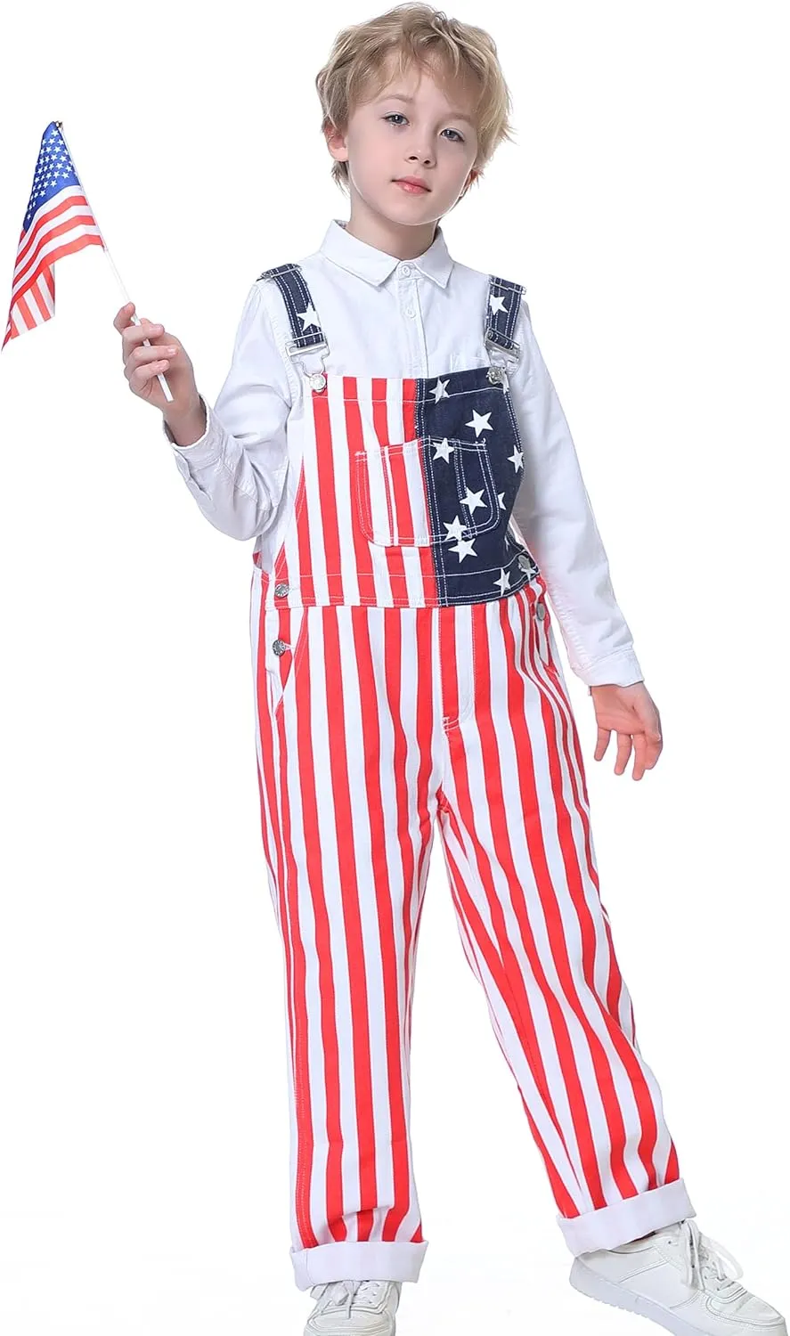 Boys American Overalls Adjustable Straps 4th of July Girls Romper Usa Flag Bibs 6-12 years kids Patriotic Jumpsuit