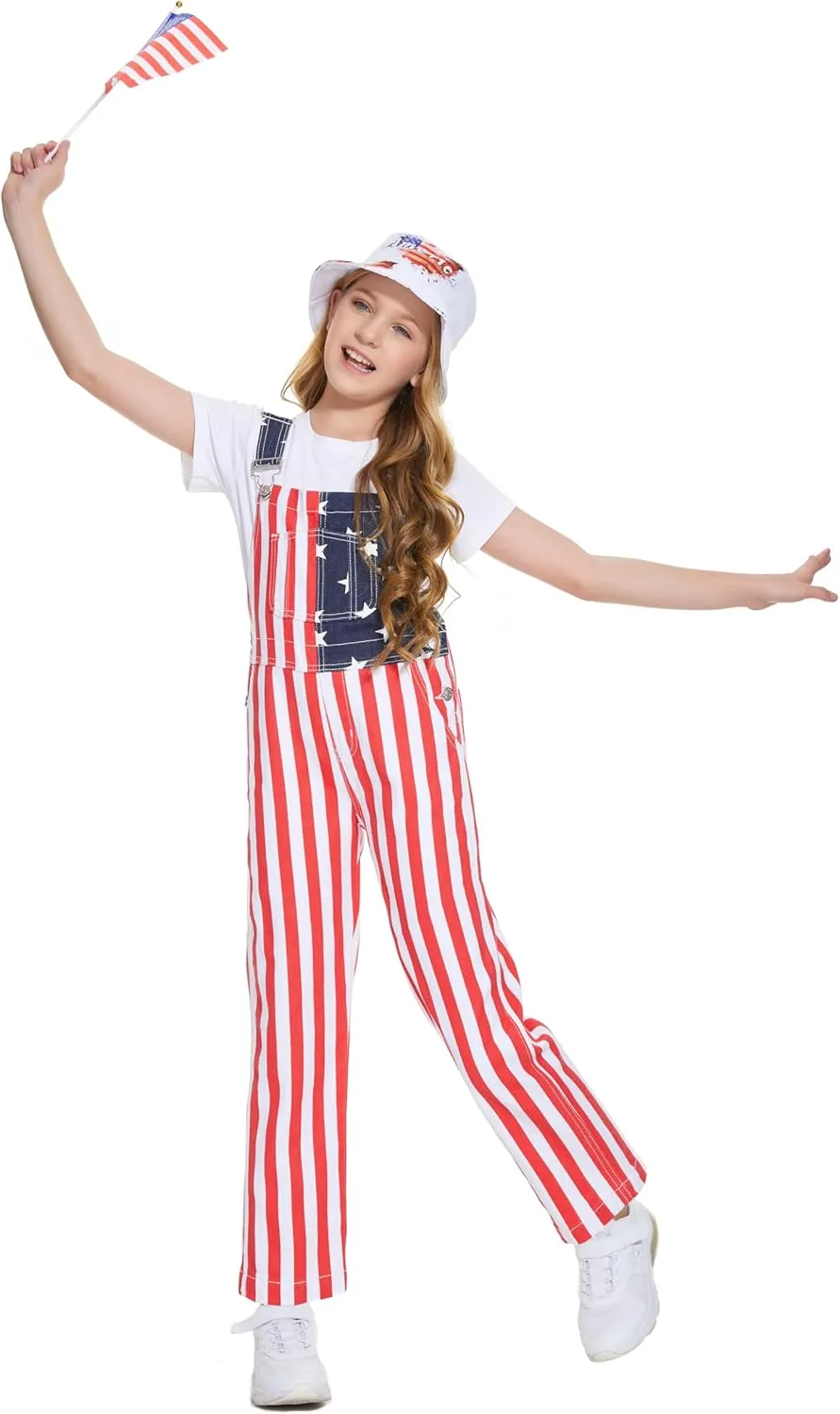 Boys American Overalls Adjustable Straps 4th of July Girls Romper Usa Flag Bibs 6-12 years kids Patriotic Jumpsuit