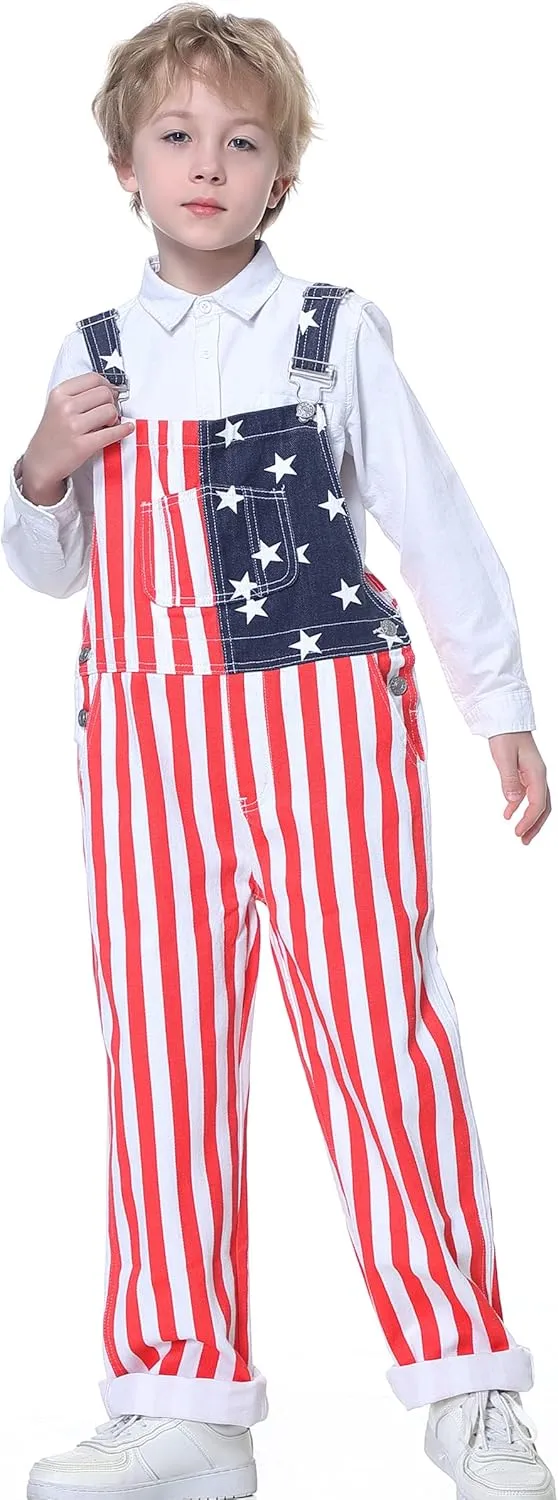 Boys American Overalls Adjustable Straps 4th of July Girls Romper Usa Flag Bibs 6-12 years kids Patriotic Jumpsuit