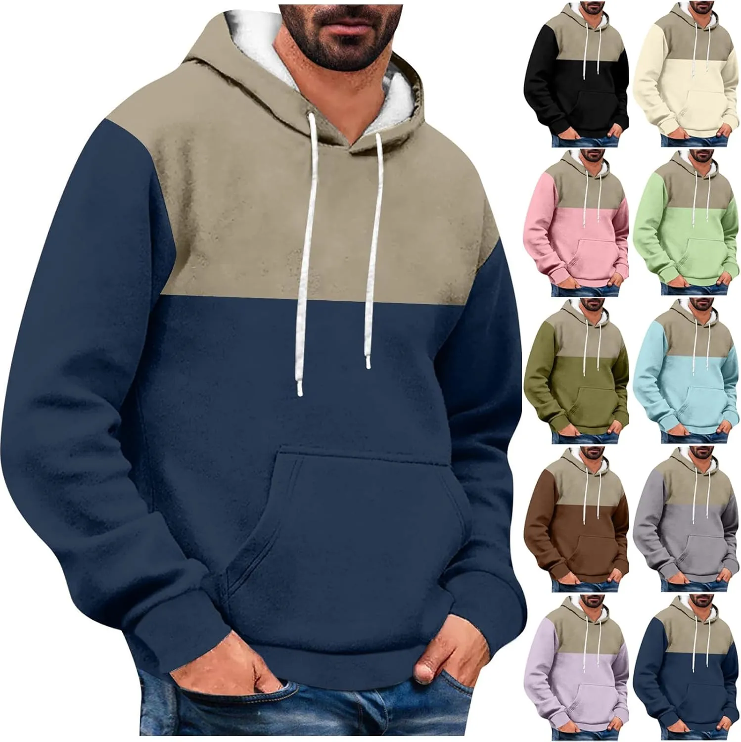Cambkatl Men's Pullover Color Block Hoodie Long Sleeve Drawstring Casual Athletic Hooded Sweatshirts with Kangaroo Pocket