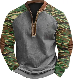 Camo Long Sleeve Shirt Men Trendy Vintage Print Pullover Sweatshirt Quarter Zip Henley Shirts Casual V Neck Tops