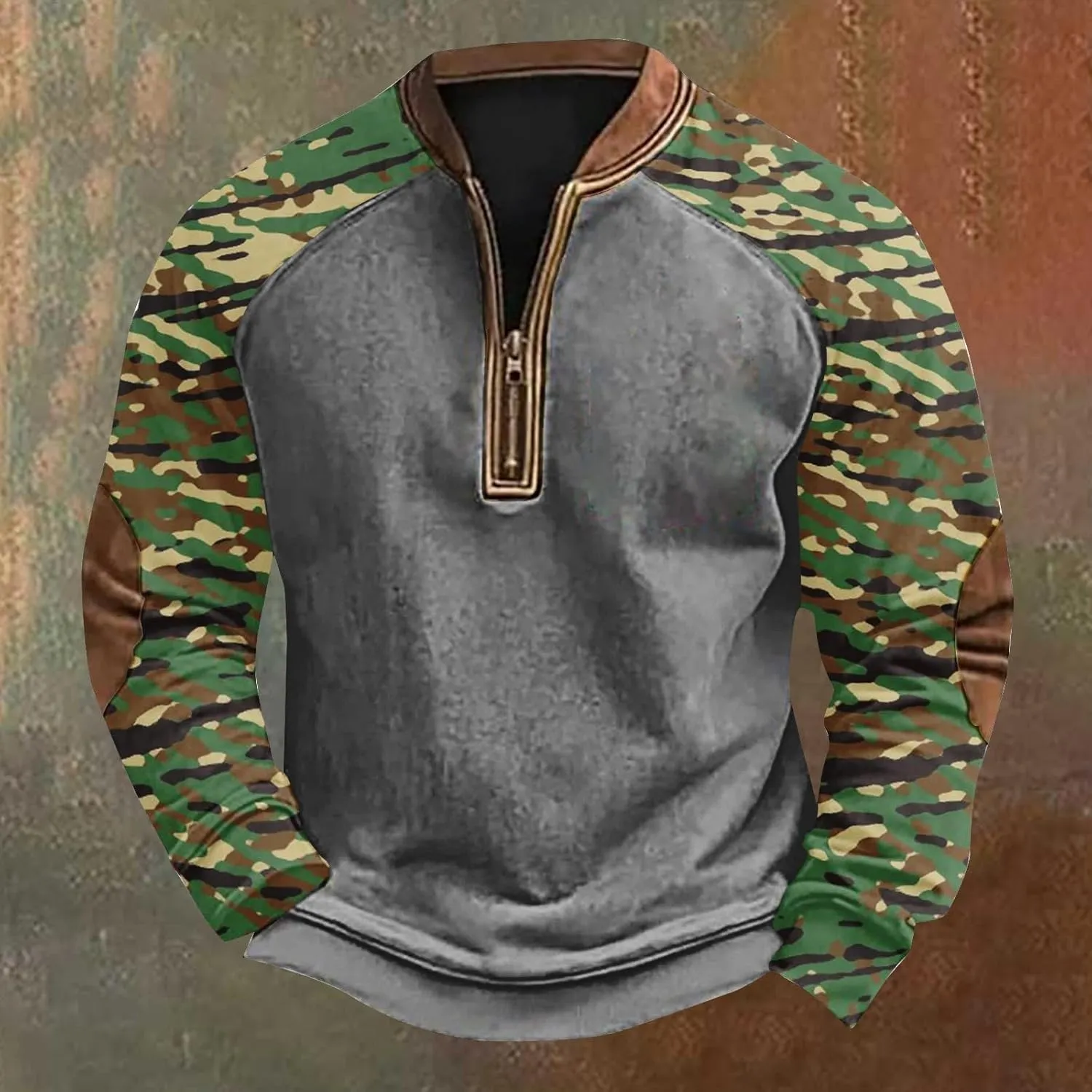 Camo Long Sleeve Shirt Men Trendy Vintage Print Pullover Sweatshirt Quarter Zip Henley Shirts Casual V Neck Tops