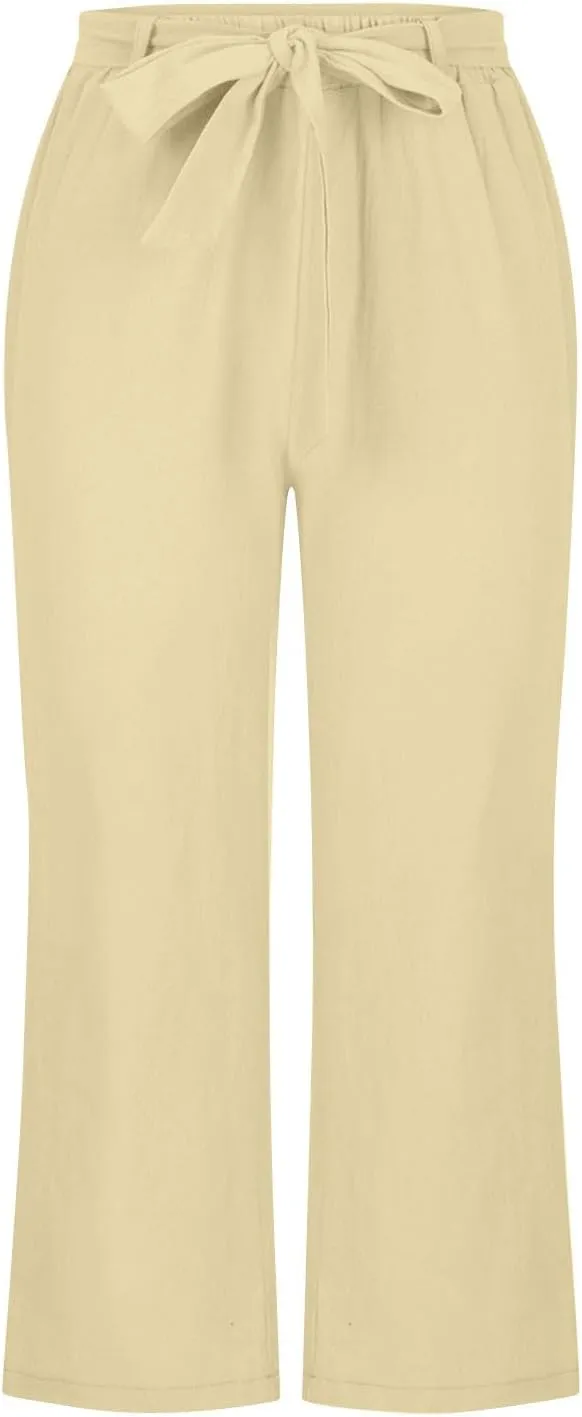 Capri Pants for Women Summer Beach Drawstring Elastic Waist Straight Leg Cropped Trousers Cotton Linen Pocket Capris