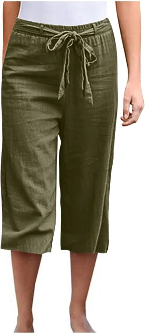 Capri Pants for Women Summer Beach Drawstring Elastic Waist Straight Leg Cropped Trousers Cotton Linen Pocket Capris