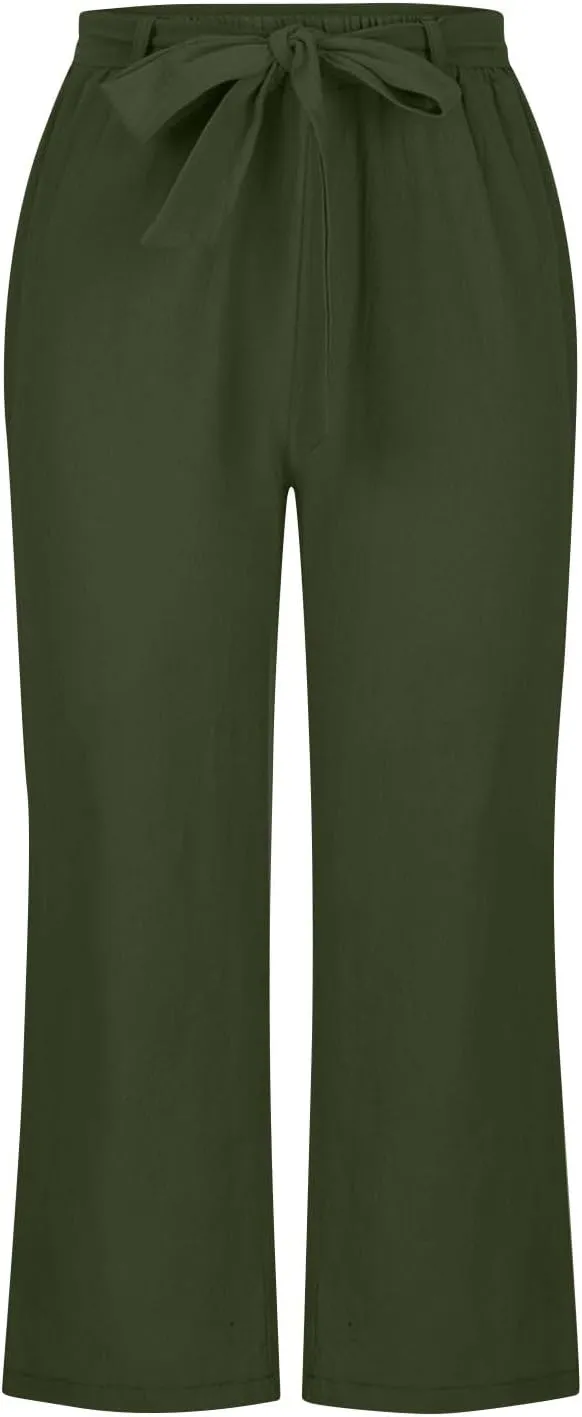 Capri Pants for Women Summer Beach Drawstring Elastic Waist Straight Leg Cropped Trousers Cotton Linen Pocket Capris