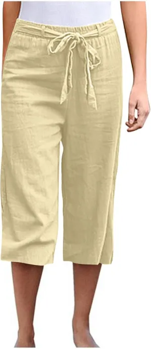 Capri Pants for Women Summer Beach Drawstring Elastic Waist Straight Leg Cropped Trousers Cotton Linen Pocket Capris