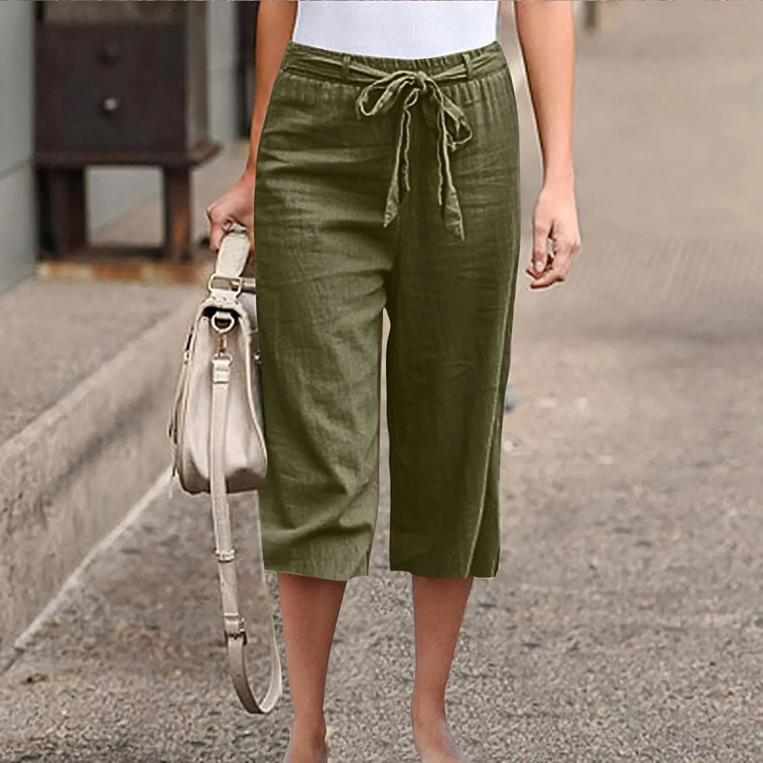 Capri Pants for Women Summer Beach Drawstring Elastic Waist Straight Leg Cropped Trousers Cotton Linen Pocket Capris