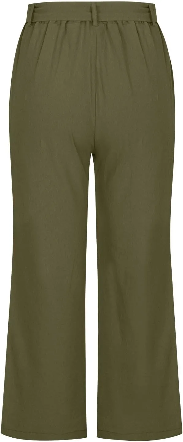 Capri Pants for Women Summer Beach Drawstring Elastic Waist Straight Leg Cropped Trousers Cotton Linen Pocket Capris