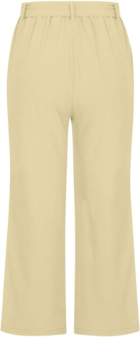 Capri Pants for Women Summer Beach Drawstring Elastic Waist Straight Leg Cropped Trousers Cotton Linen Pocket Capris