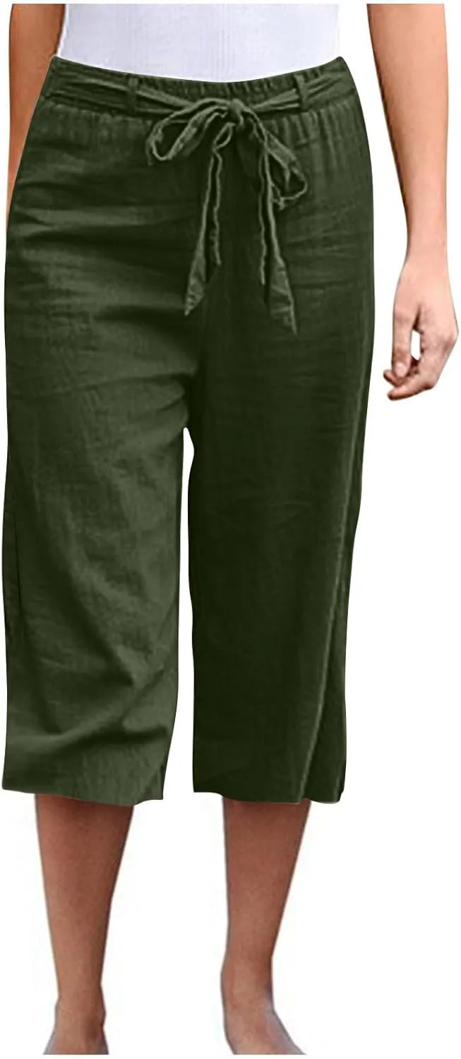 Capri Pants for Women Summer Beach Drawstring Elastic Waist Straight Leg Cropped Trousers Cotton Linen Pocket Capris