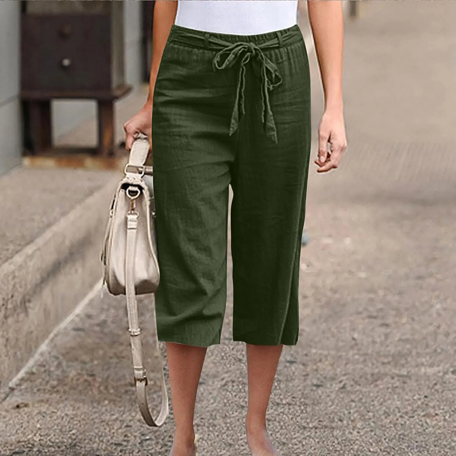 Capri Pants for Women Summer Beach Drawstring Elastic Waist Straight Leg Cropped Trousers Cotton Linen Pocket Capris
