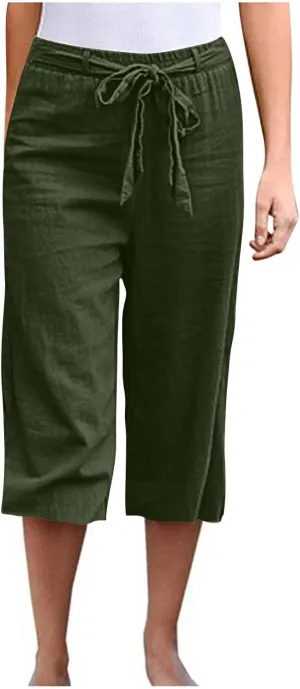 Capri Pants for Women Summer Beach Drawstring Elastic Waist Straight Leg Cropped Trousers Cotton Linen Pocket Capris