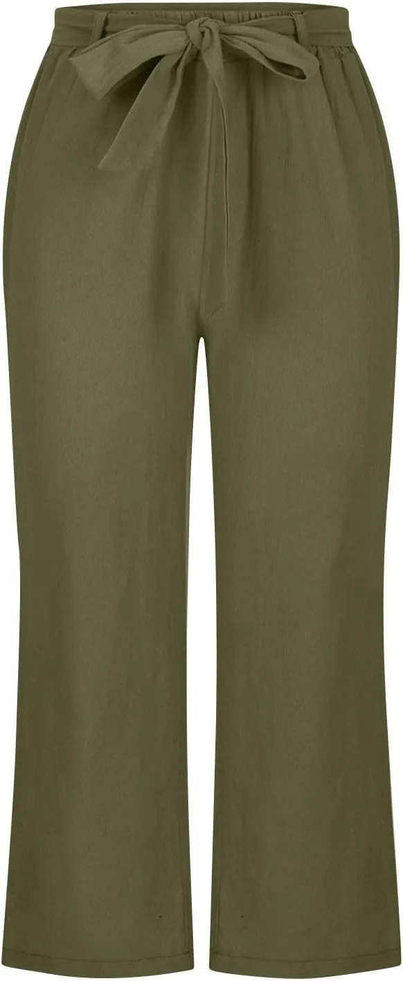 Capri Pants for Women Summer Beach Drawstring Elastic Waist Straight Leg Cropped Trousers Cotton Linen Pocket Capris
