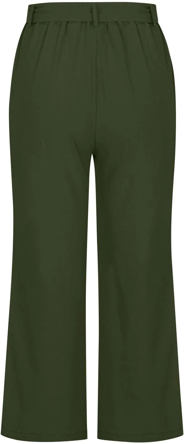 Capri Pants for Women Summer Beach Drawstring Elastic Waist Straight Leg Cropped Trousers Cotton Linen Pocket Capris
