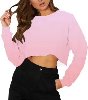 Casual Crop Sweatshirt for Women Crewneck Cropped Fleece Pullover Long Sleeve Ombre Crop Top Gym Yoga Workout Tops