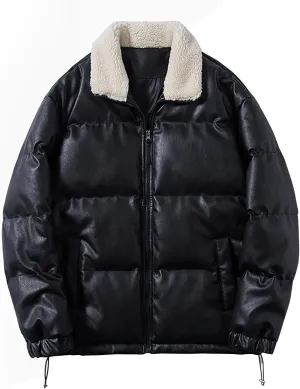 Casual Faux Leather Puffer Bomber Jacket for Men Oversized Loose Sherpa Lined Collar Full Zip Quilted Jacket Winter Down Coat