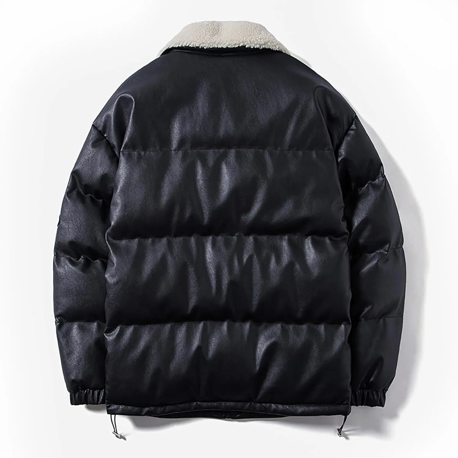 Casual Faux Leather Puffer Bomber Jacket for Men Oversized Loose Sherpa Lined Collar Full Zip Quilted Jacket Winter Down Coat