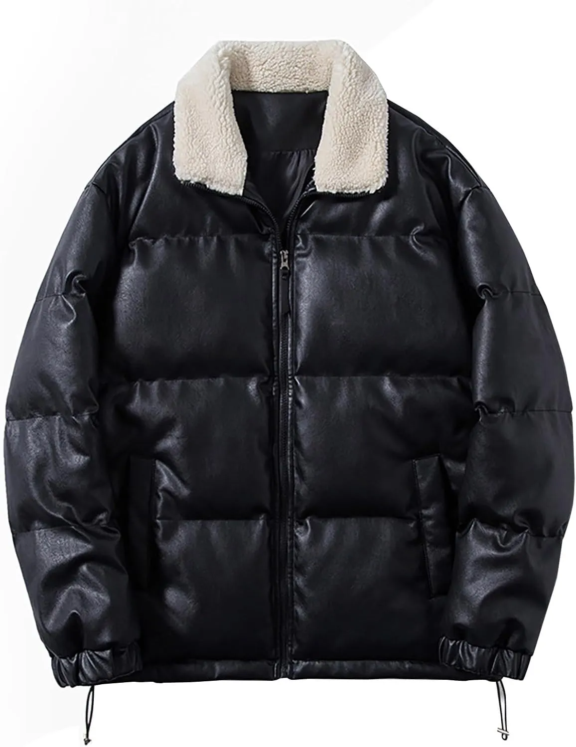 Casual Faux Leather Puffer Bomber Jacket for Men Oversized Loose Sherpa Lined Collar Full Zip Quilted Jacket Winter Down Coat