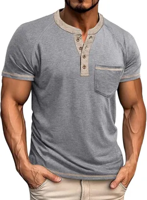 Casual Henley Shirts for Men Classic Button Up Cotton Short Sleeve T-Shirt Summer Basic Solid Lightweight Tees Tops
