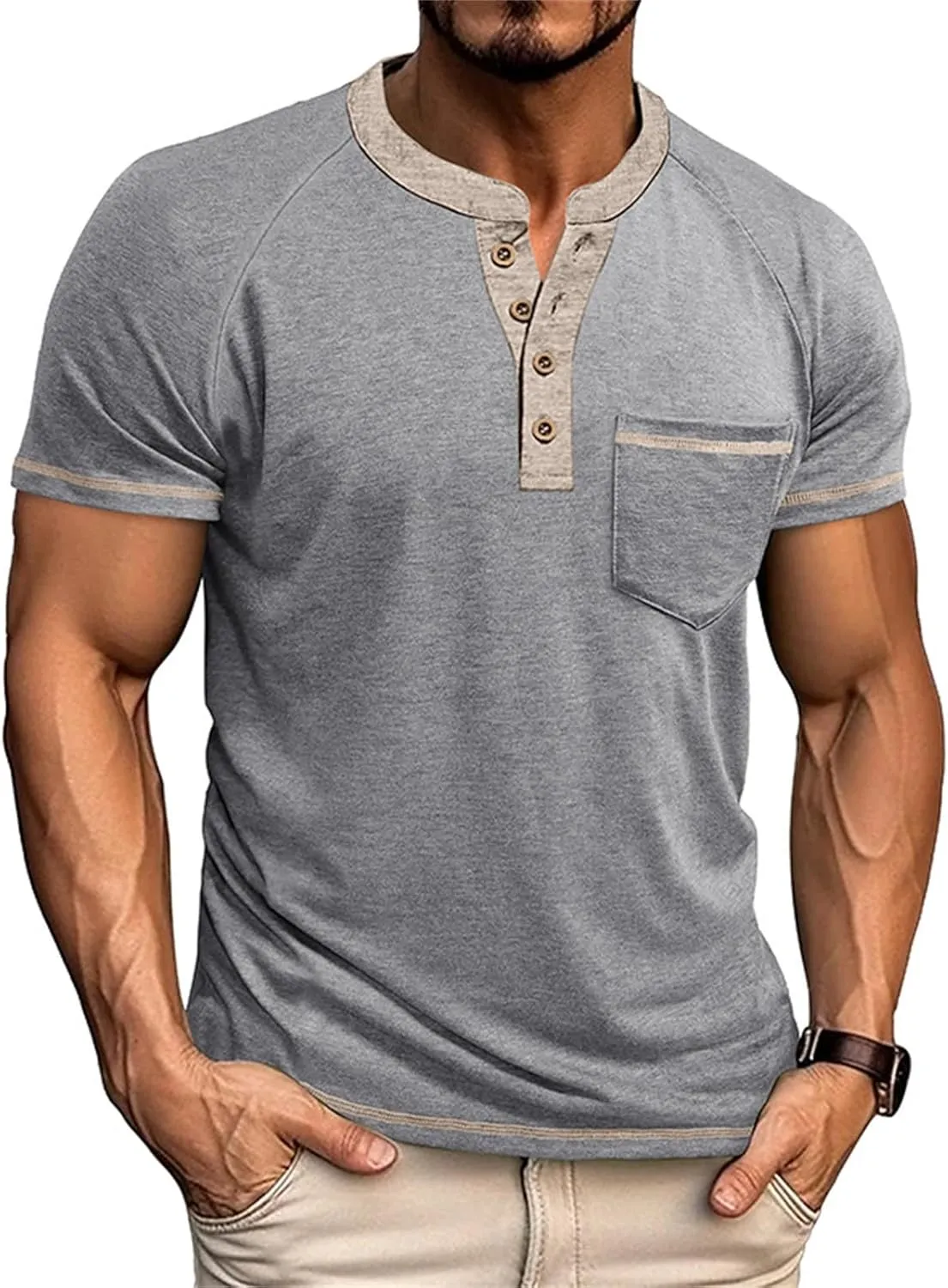 Casual Henley Shirts for Men Classic Button Up Cotton Short Sleeve T-Shirt Summer Basic Solid Lightweight Tees Tops