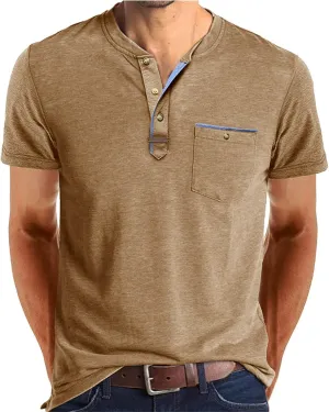Casual Henley Shirts for Men Classic Button Up Cotton Short Sleeve T-Shirt Summer Basic Solid Lightweight Tees Tops