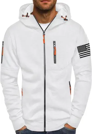 Casual Hoodies for Men Flag Graphic Zipper Long Sleeve Jacket Fashion Lightweight Running Sport Thin Coat with Pocket