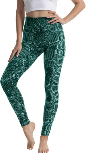 Casual Leggings for Women High Waist Printed Tummy Control Butt Lifting Pants Elastic Waist Workout Patterned Fitted Compression Fitness Tights pants dressy top Snake Pattern I80-Green