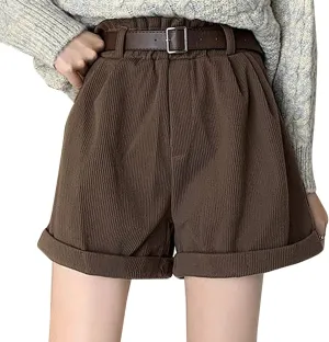 Casual Loose Corduroy Shorts Super Women's Summer Pleated Pocket High Soft Leg Wide Waist Womens Jean Shorts (Coffee, L)