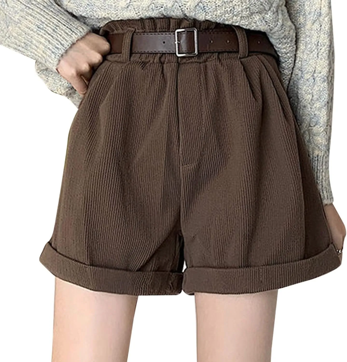 Casual Loose Corduroy Shorts Super Women's Summer Pleated Pocket High Soft Leg Wide Waist Womens Jean Shorts (Coffee, L)