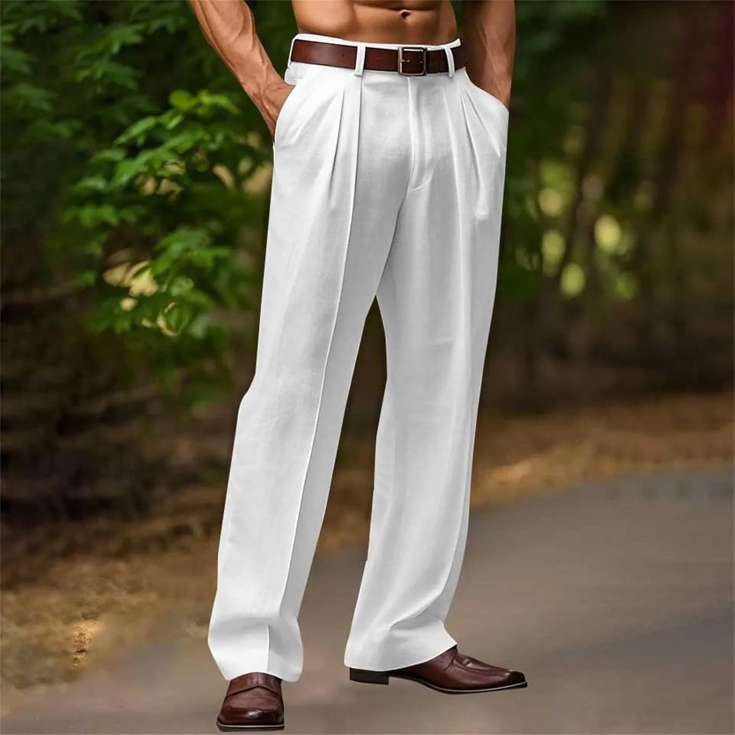 Casual Loose Fit Linen Pants for Men Loose Fit Straight-Legs Yoga Beach Trousers with Pocket Summer Plain Beach Pant