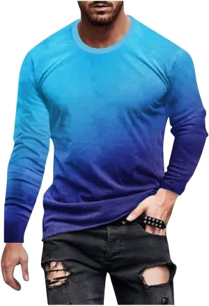 Casual Sports T-Shirts for Men Loose Crew Neck Gradient Long Sleeve Pullover Tops Fashion Comfort Athletic Blouses
