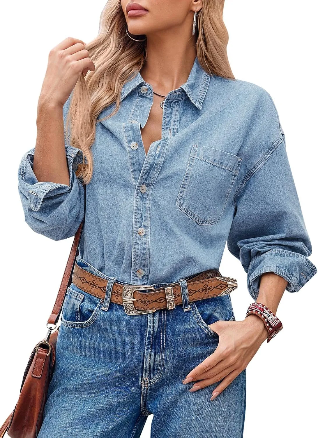 Cicy Bell Womens Oversized Denim Shirts Jackets Button Down Curved Hem Long Sleeve Jean Tops Shackets