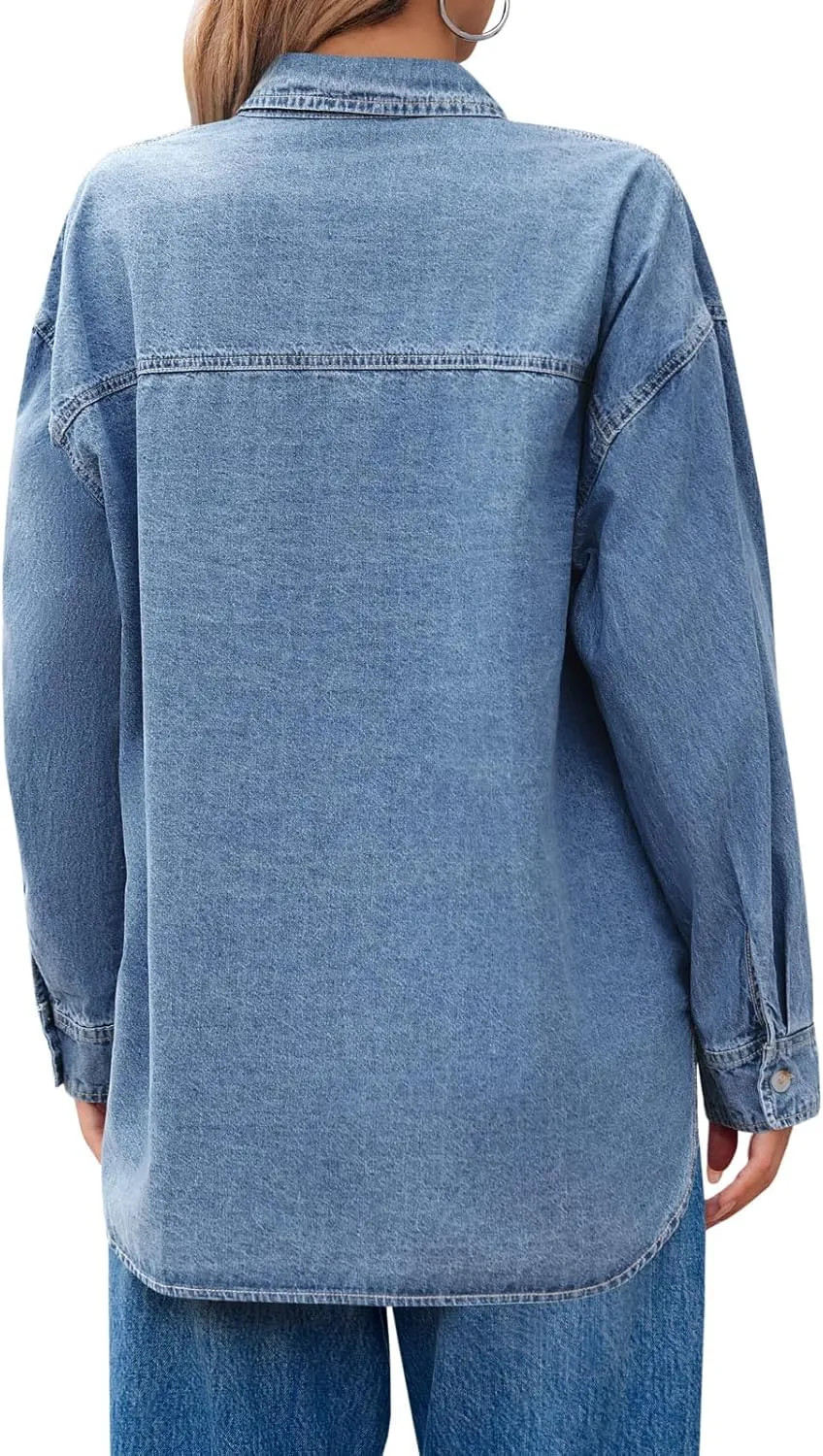 Cicy Bell Womens Oversized Denim Shirts Jackets Button Down Curved Hem Long Sleeve Jean Tops Shackets