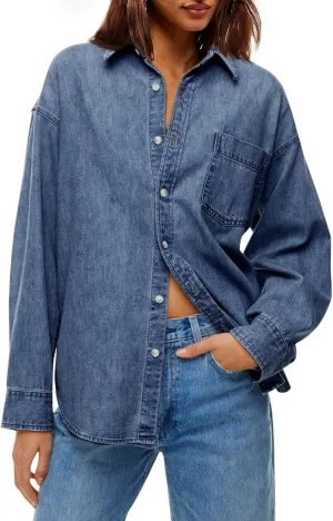 Cicy Bell Womens Oversized Denim Shirts Jackets Button Down Curved Hem Long Sleeve Jean Tops Shackets