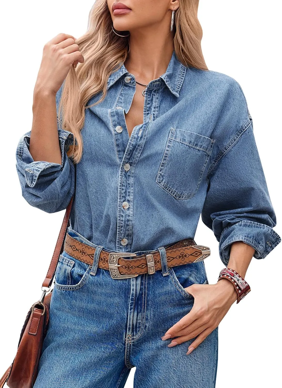 Cicy Bell Womens Oversized Denim Shirts Jackets Button Down Curved Hem Long Sleeve Jean Tops Shackets