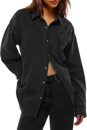 Cicy Bell Womens Oversized Denim Shirts Jackets Button Down Curved Hem Long Sleeve Jean Tops Shackets