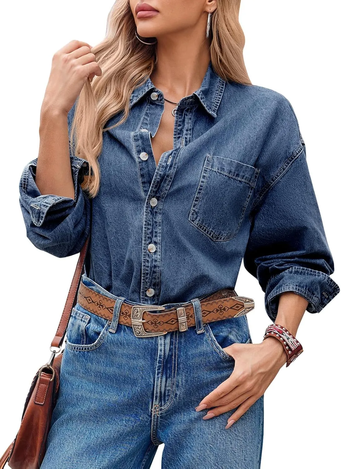 Cicy Bell Womens Oversized Denim Shirts Jackets Button Down Curved Hem Long Sleeve Jean Tops Shackets