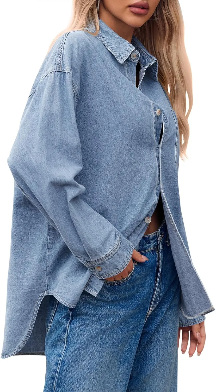 Cicy Bell Womens Oversized Denim Shirts Jackets Button Down Curved Hem Long Sleeve Jean Tops Shackets