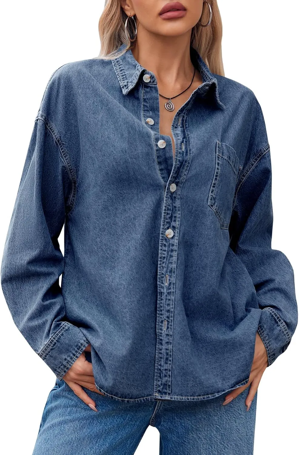 Cicy Bell Womens Oversized Denim Shirts Jackets Button Down Curved Hem Long Sleeve Jean Tops Shackets