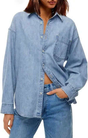 Cicy Bell Womens Oversized Denim Shirts Jackets Button Down Curved Hem Long Sleeve Jean Tops Shackets
