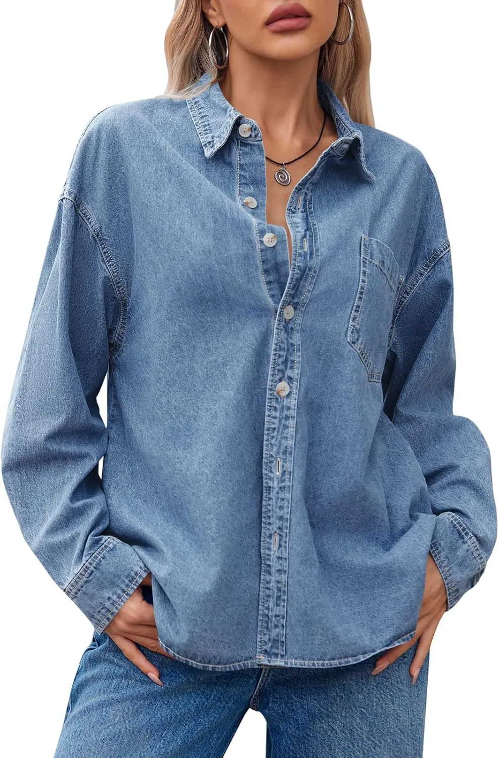 Cicy Bell Womens Oversized Denim Shirts Jackets Button Down Curved Hem Long Sleeve Jean Tops Shackets